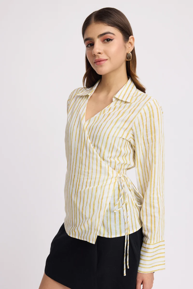 Jennie|100% Cotton Wrap Style Long Sleeve Shirt