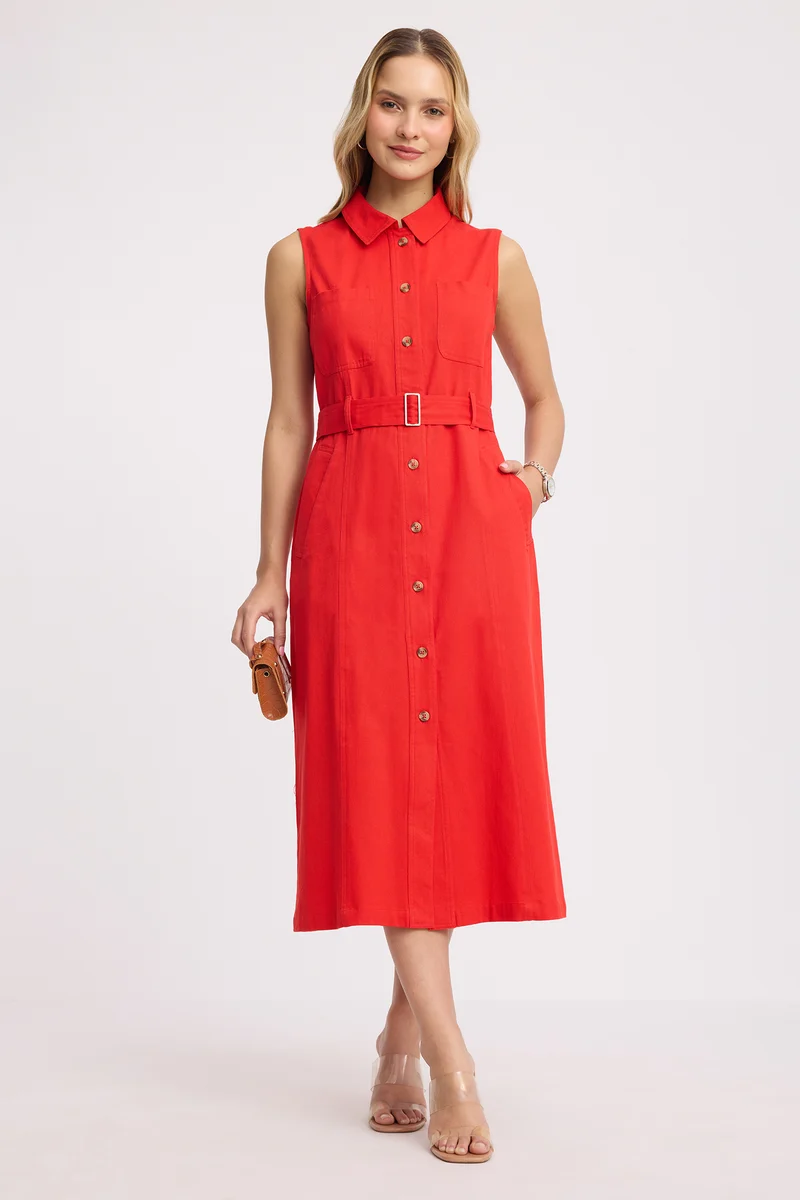 Tseten|100% Cotton Belted Shirt Dress