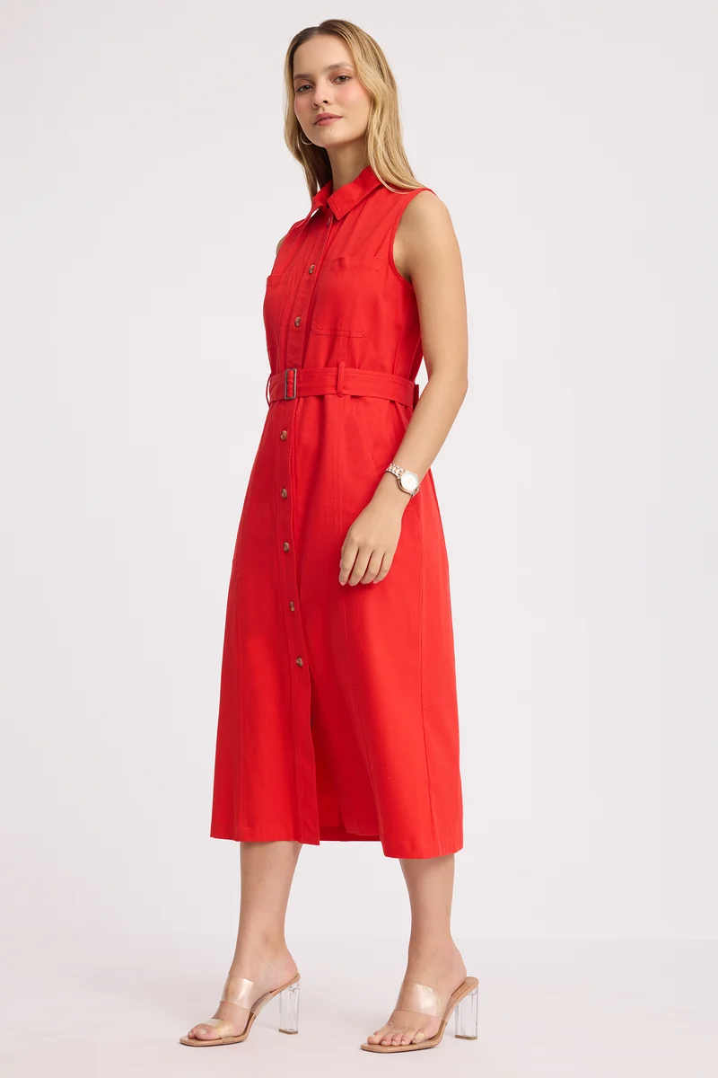 Tseten|100% Cotton Belted Shirt Dress