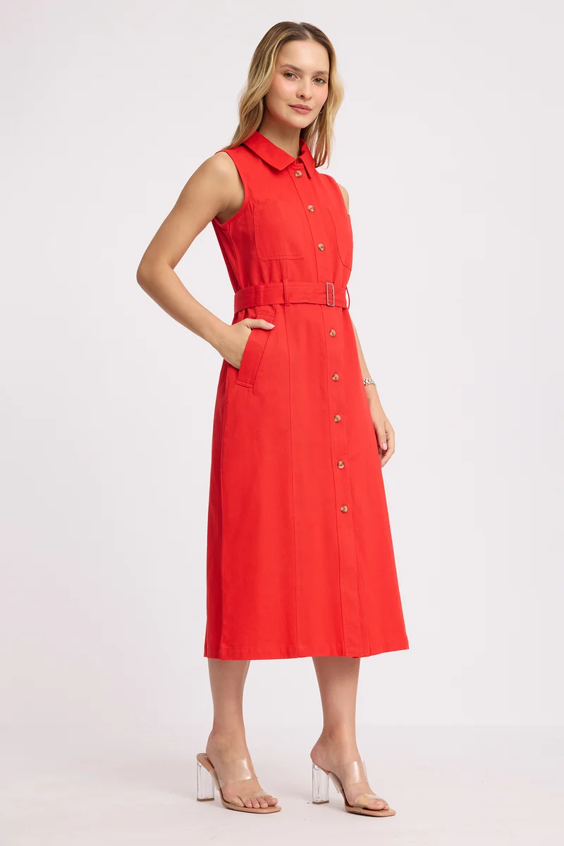 Tseten|100% Cotton Belted Shirt Dress