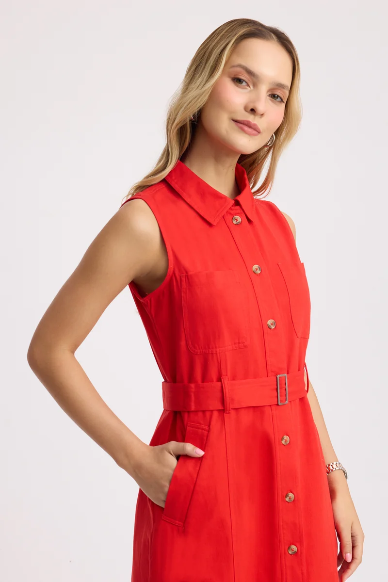 Tseten|100% Cotton Belted Shirt Dress