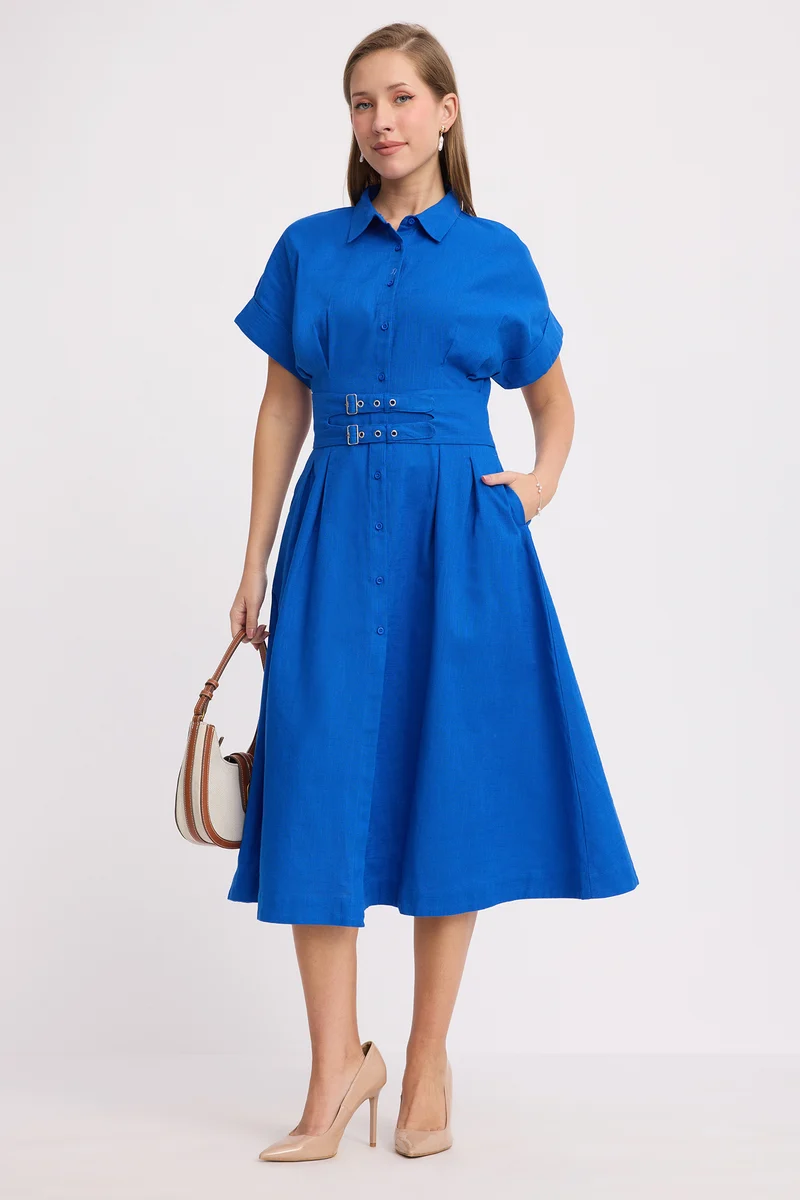 Betie|100% Cotton Double Belted Midi Dress