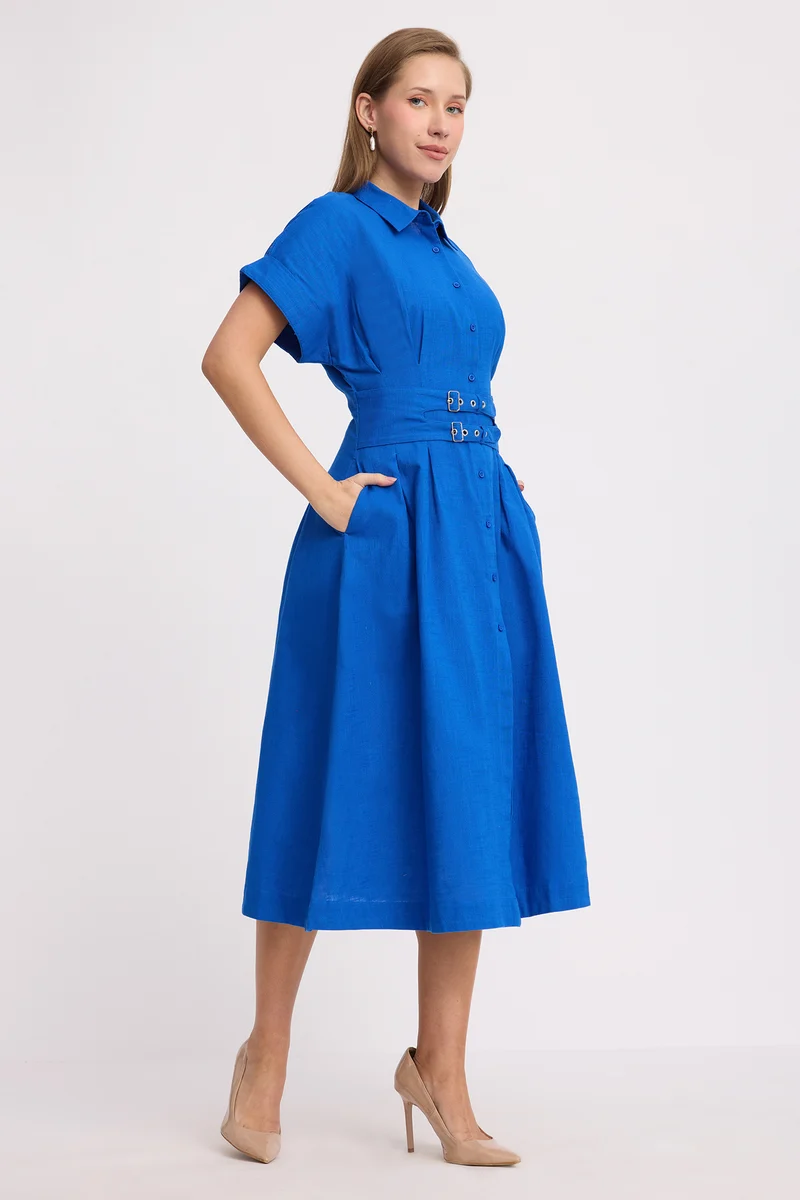 Betie|100% Cotton Double Belted Midi Dress
