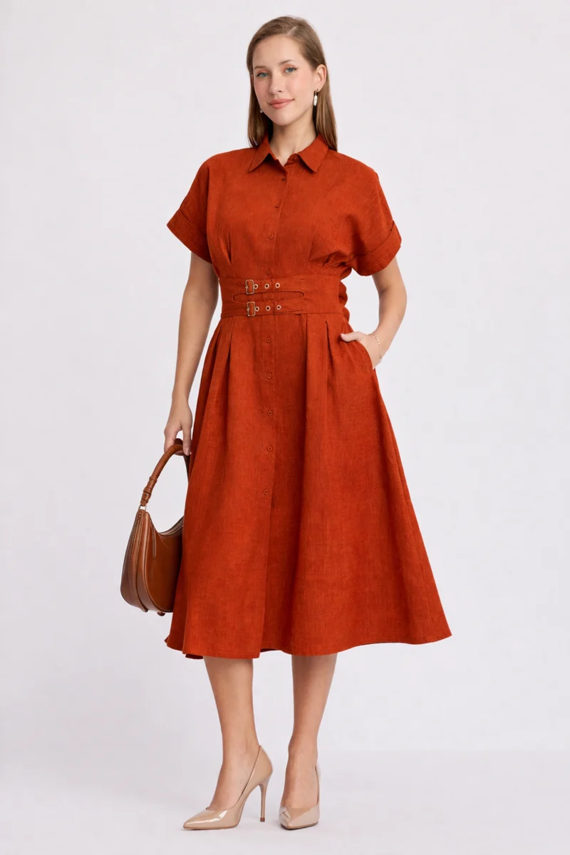 Candi|100% Cotton Double Belted Midi Dress