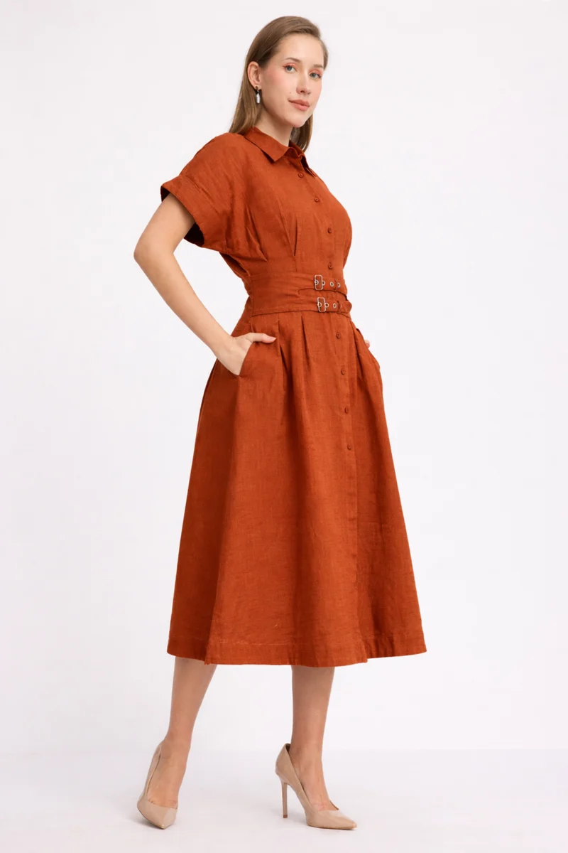 Candi|100% Cotton Double Belted Midi Dress