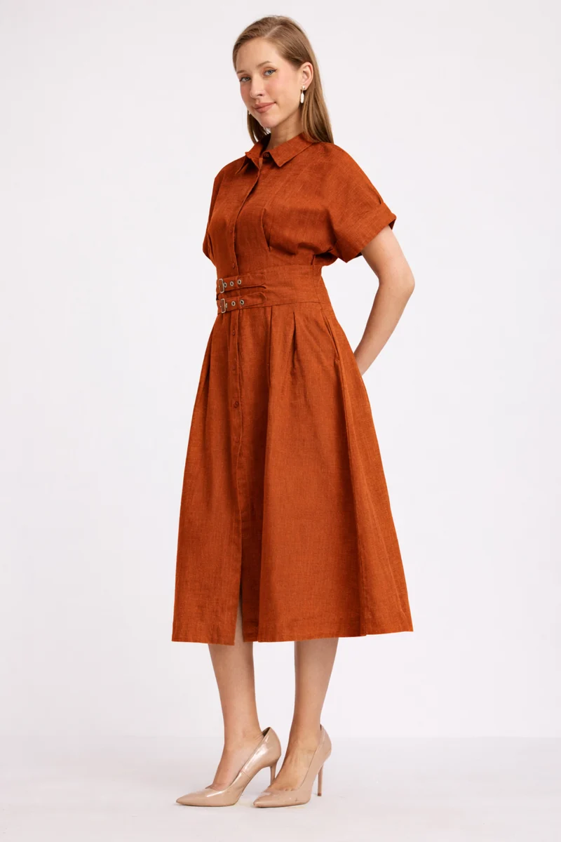 Candi|100% Cotton Double Belted Midi Dress