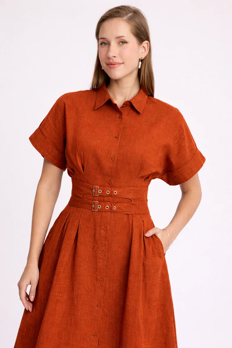Candi|100% Cotton Double Belted Midi Dress