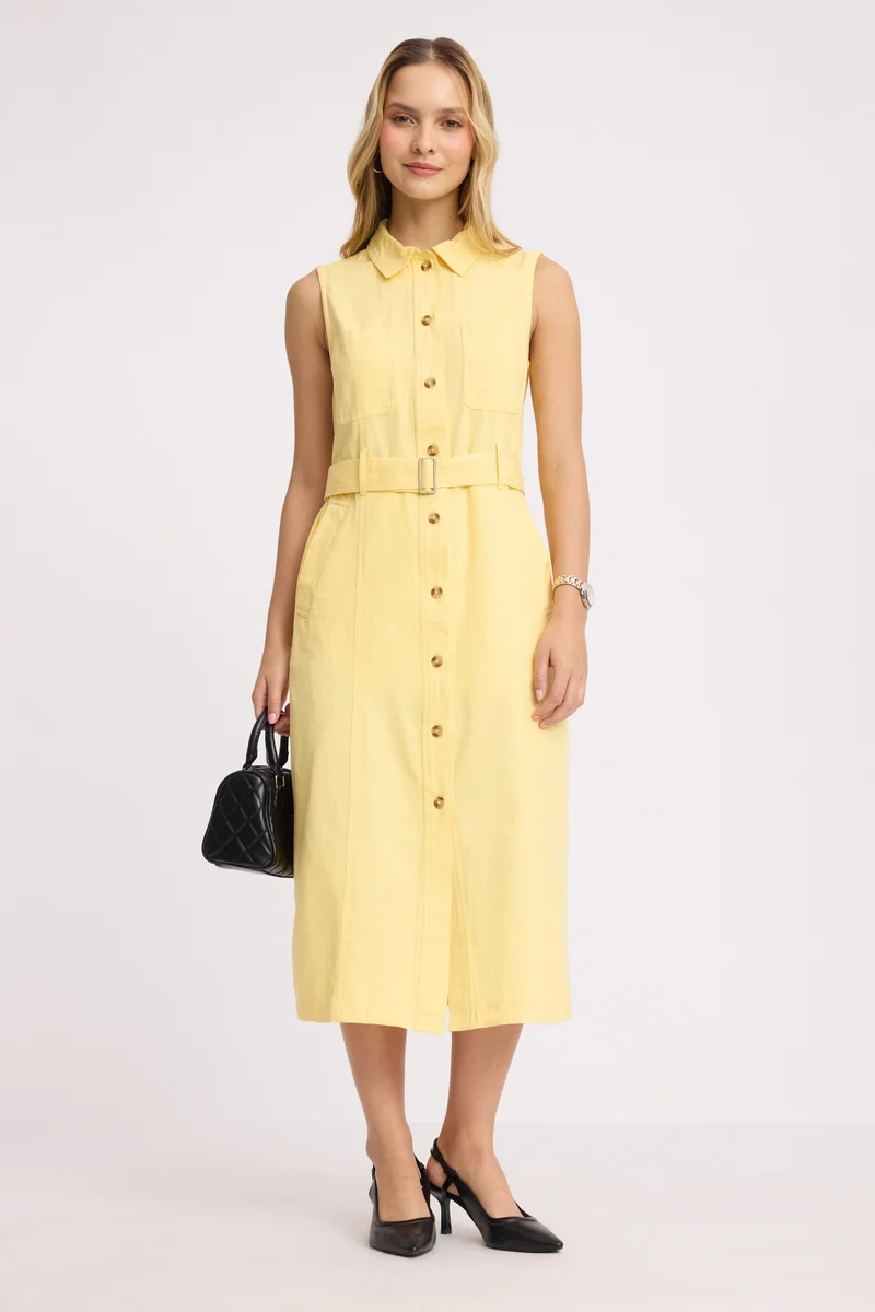 Tsezin|100% Cotton Belted Shirt Dress