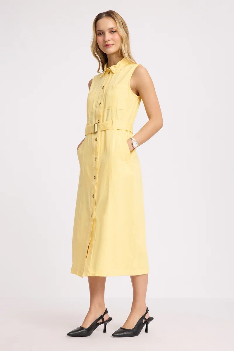 Tsezin|100% Cotton Belted Shirt Dress