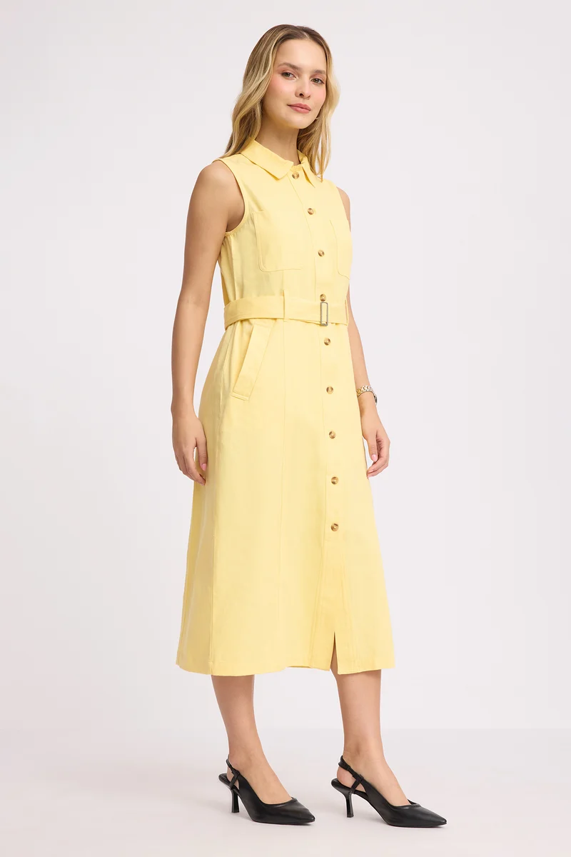 Tsezin|100% Cotton Belted Shirt Dress