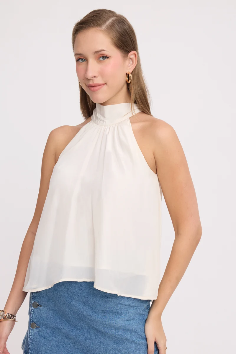 Jisoo|100% Viscose Halter Neck Tie-Up Flowy Top