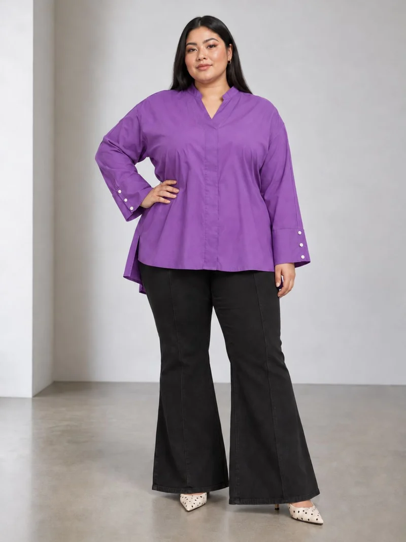 Yodon|100% Cotton Boxy Fit Mock Placket Shirt