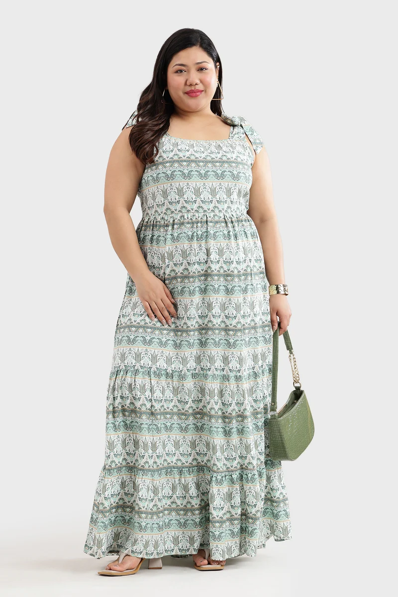 Canel|100% Viscose Printed Dress With Tie-Ups