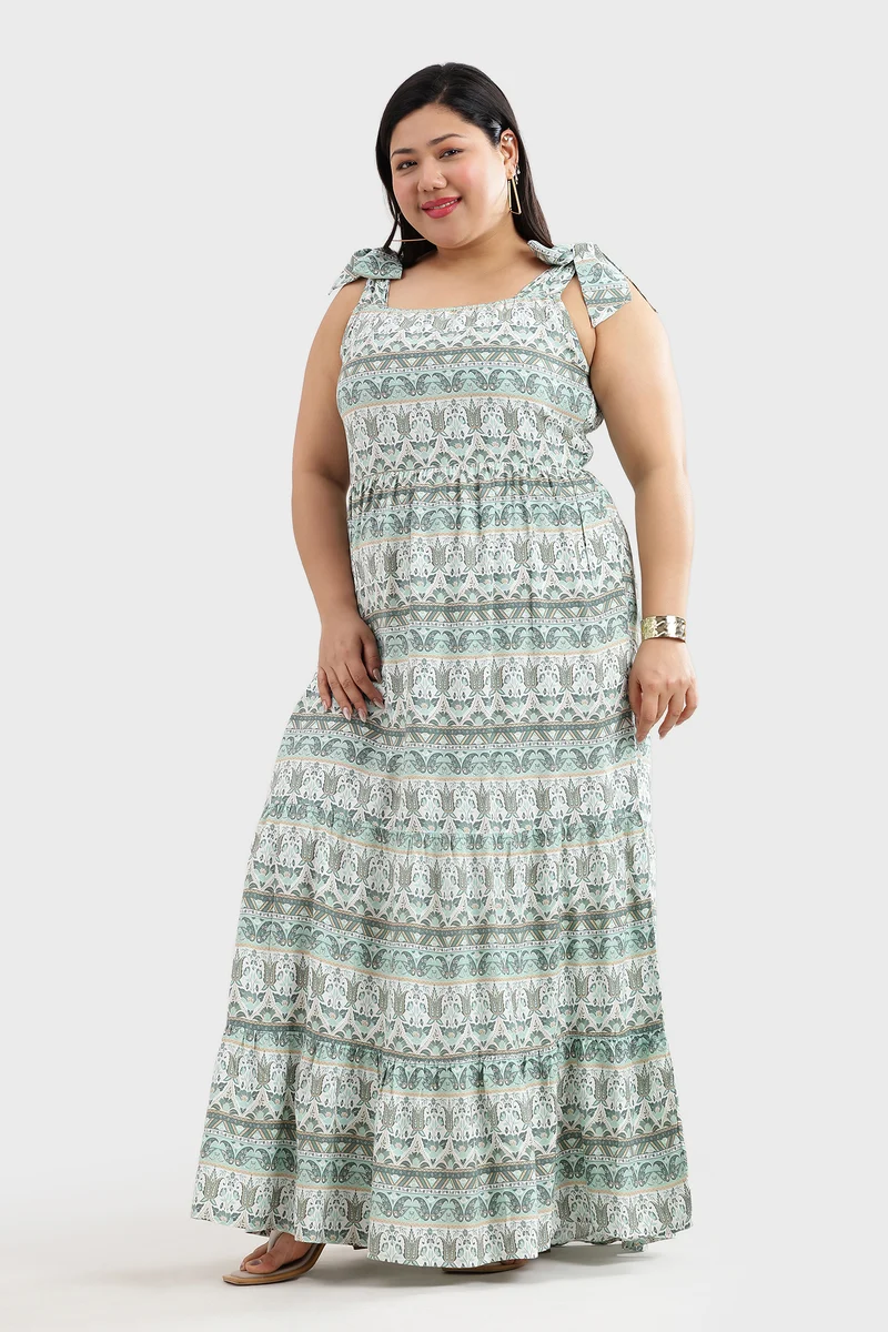 Canel|100% Viscose Printed Dress With Tie-Ups