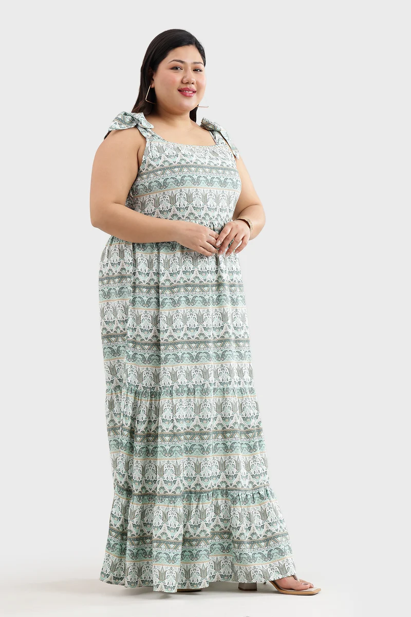 Canel|100% Viscose Printed Dress With Tie-Ups