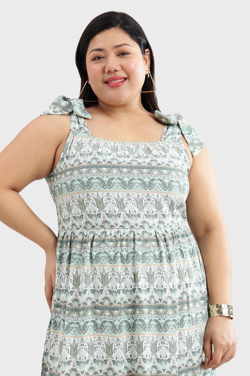Canel|100% Viscose Printed Dress With Tie-Ups