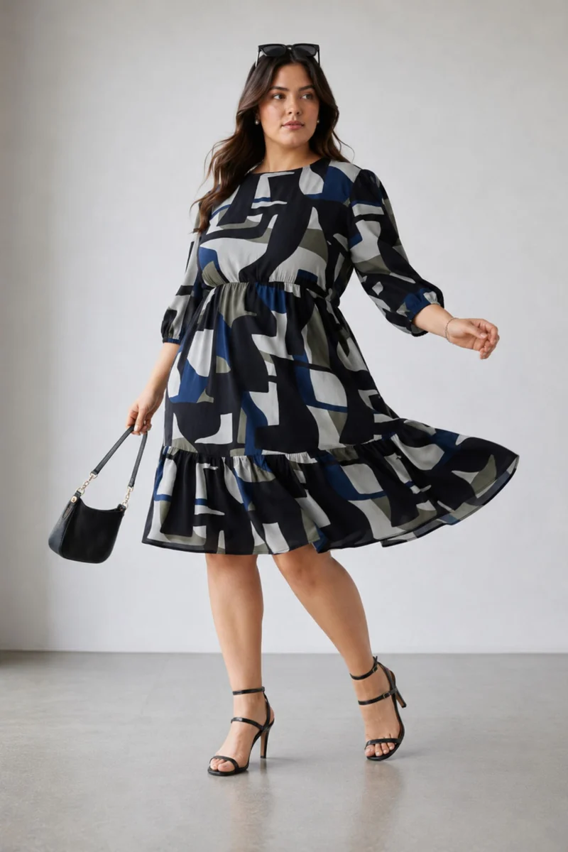 Elly|100% Viscose Abstract Printed Tiered Dress