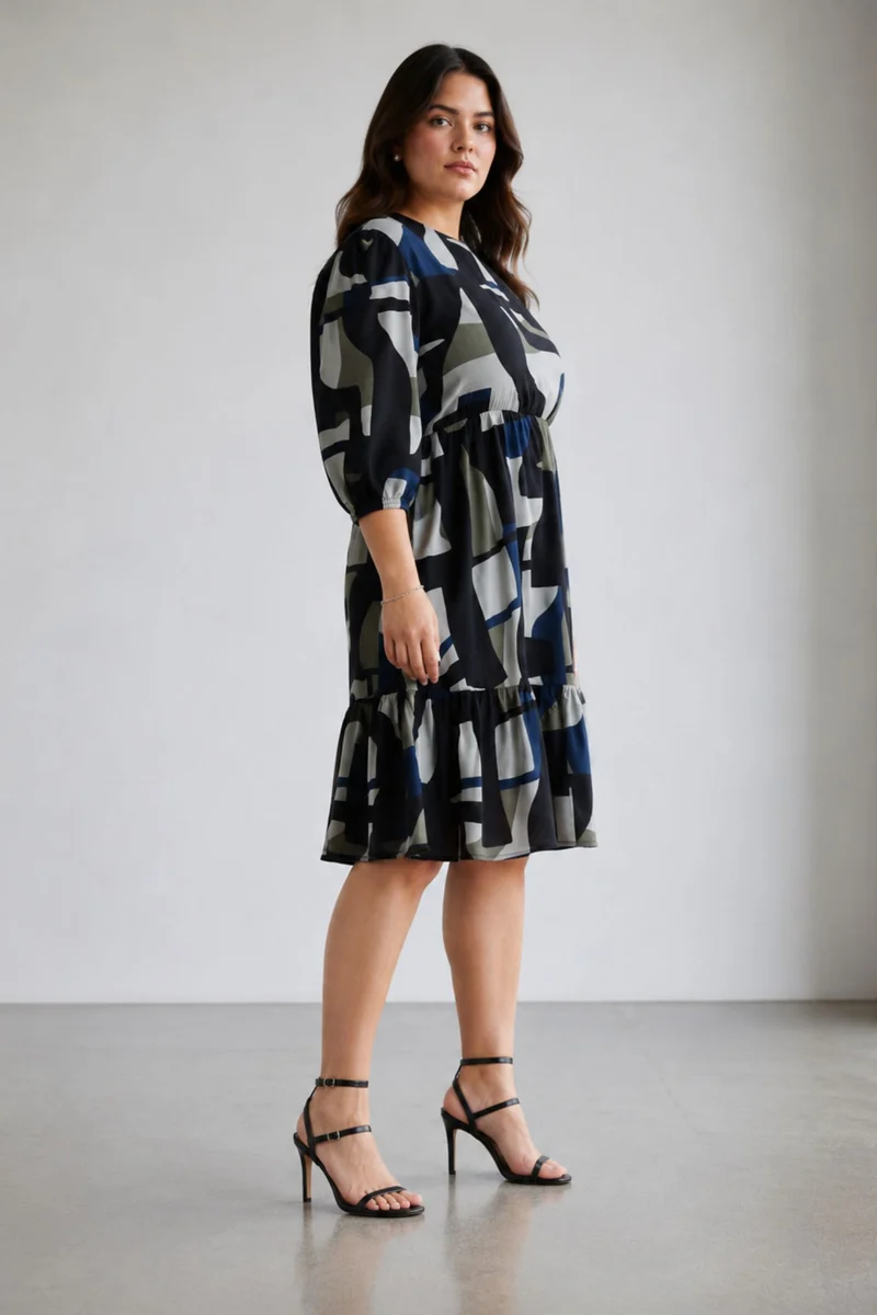 Elly|100% Viscose Abstract Printed Tiered Dress