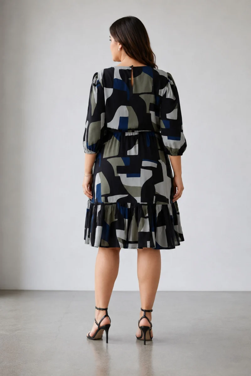 Elly|100% Viscose Abstract Printed Tiered Dress