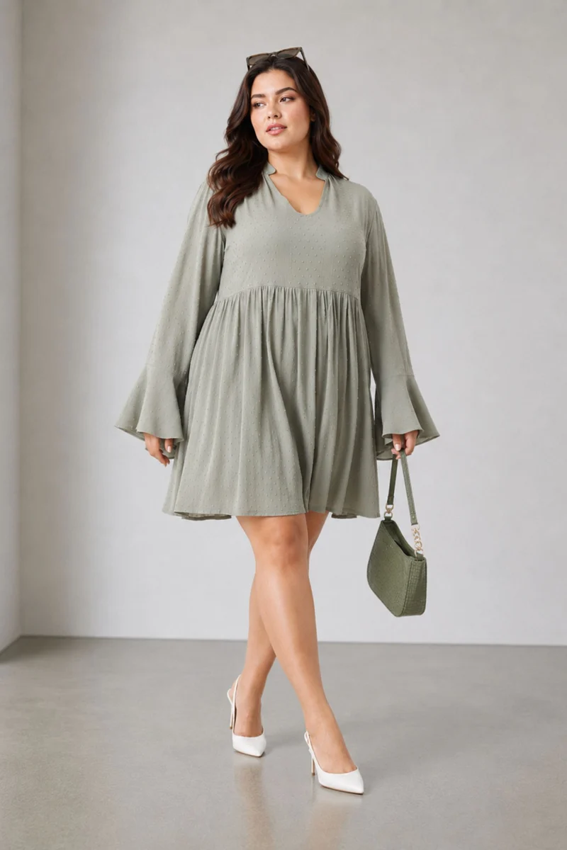 Cavla|100% Viscose Mandarin Collar Mini Dress
