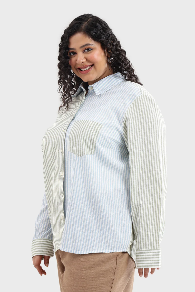 Catna|100% Cotton Color-Blocked Striped Shirt