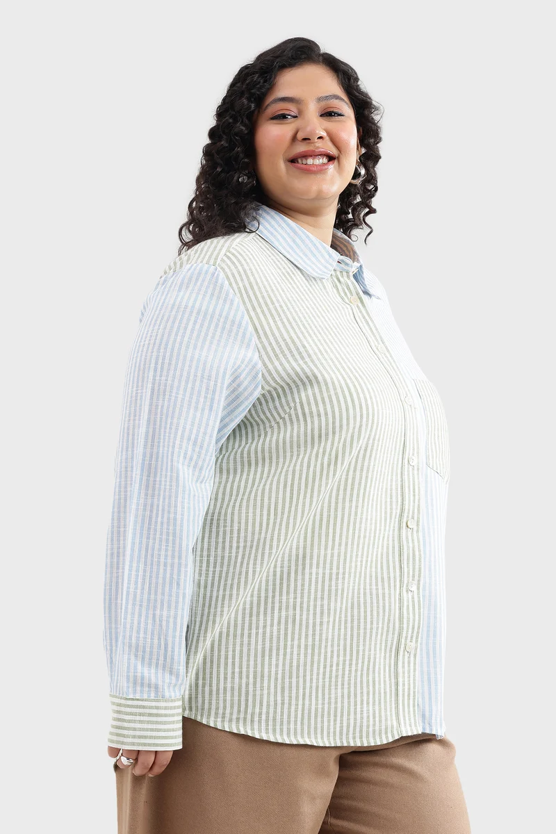 Catna|100% Cotton Color-Blocked Striped Shirt
