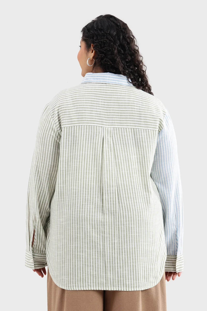 Catna|100% Cotton Color-Blocked Striped Shirt
