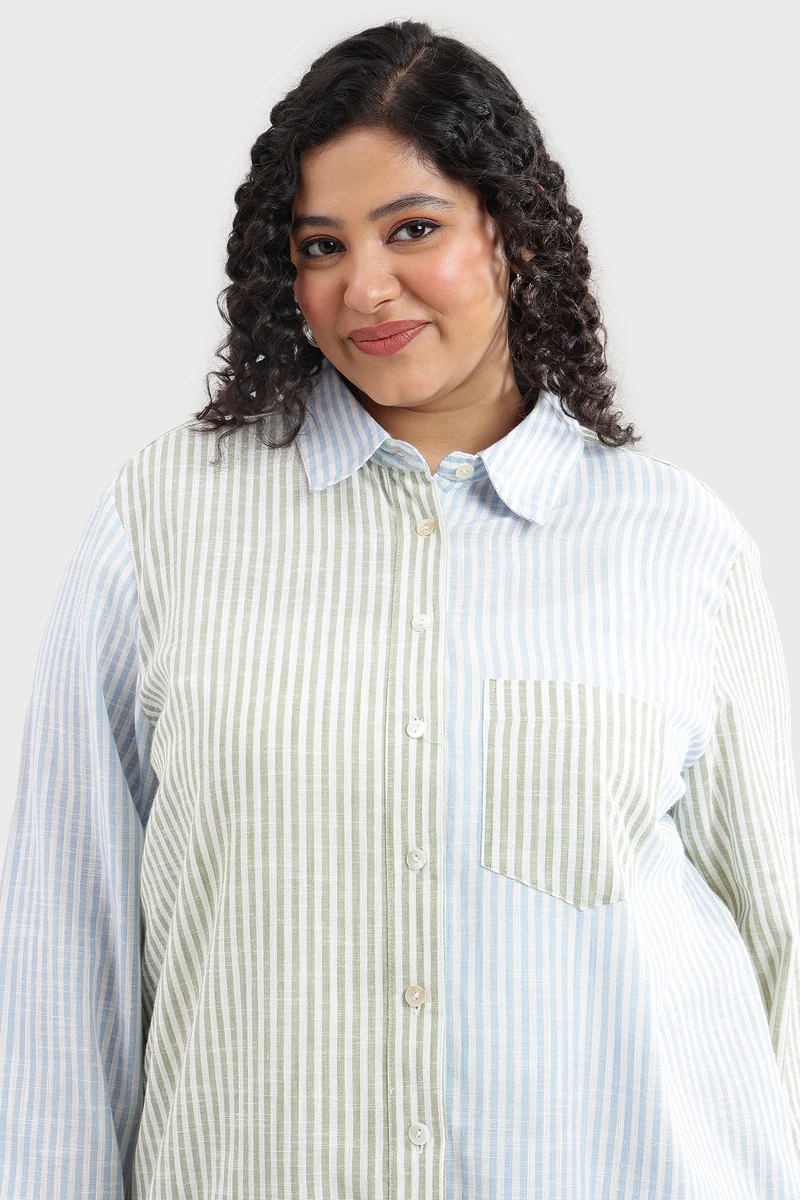 Catna|100% Cotton Color-Blocked Striped Shirt
