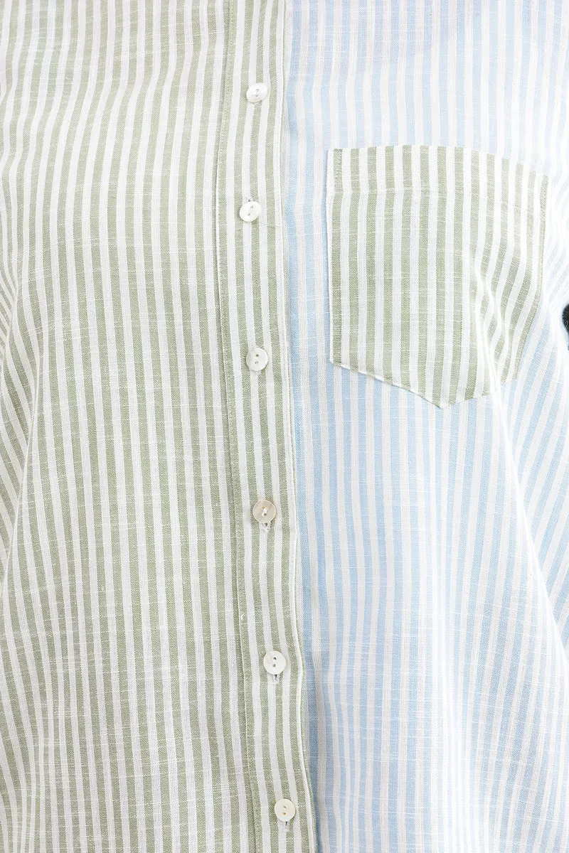 Catna|100% Cotton Color-Blocked Striped Shirt