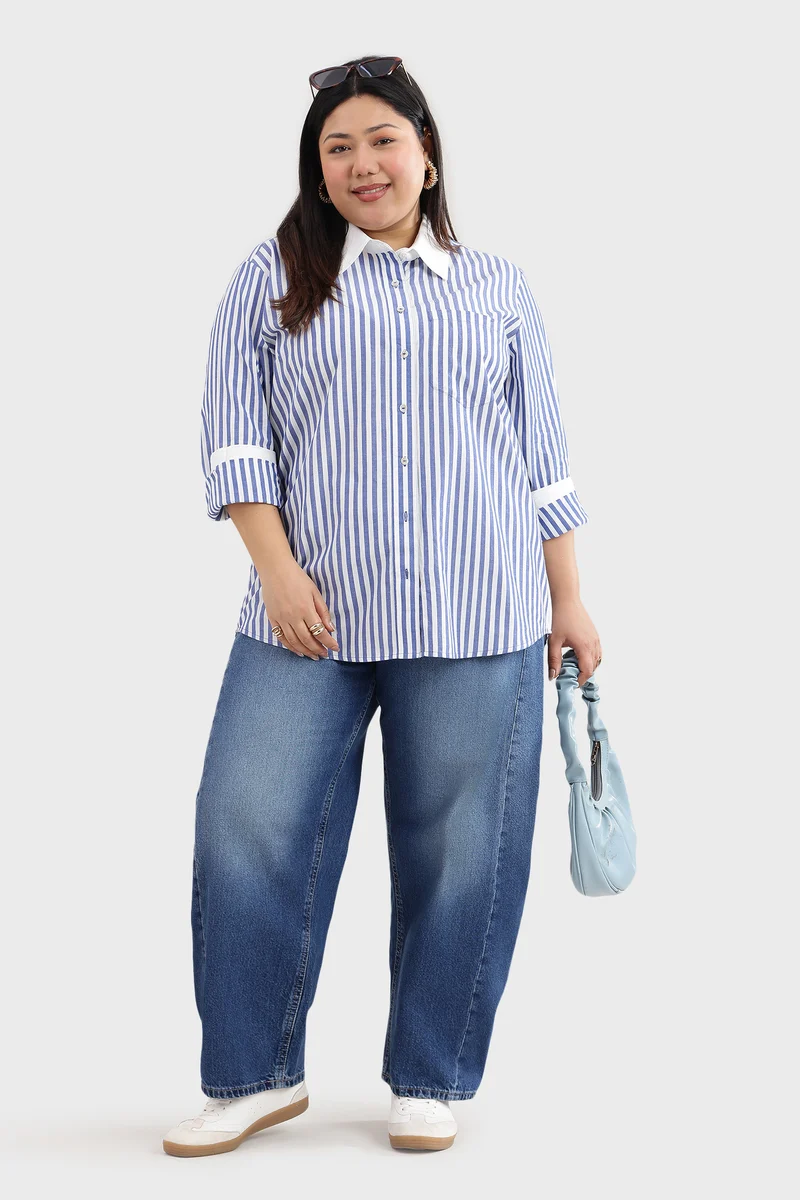 Carie|100% Cotton White Collar Stripe Shirt