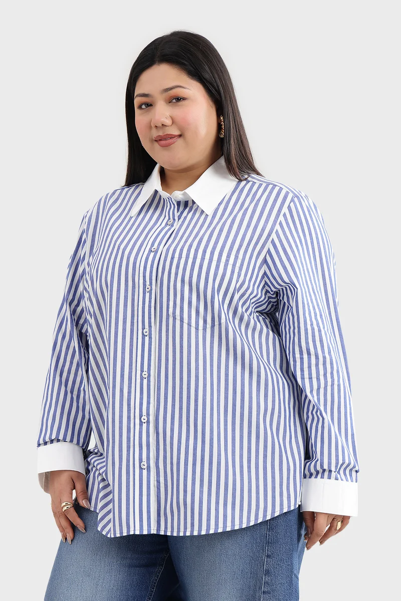 Carie|100% Cotton White Collar Stripe Shirt