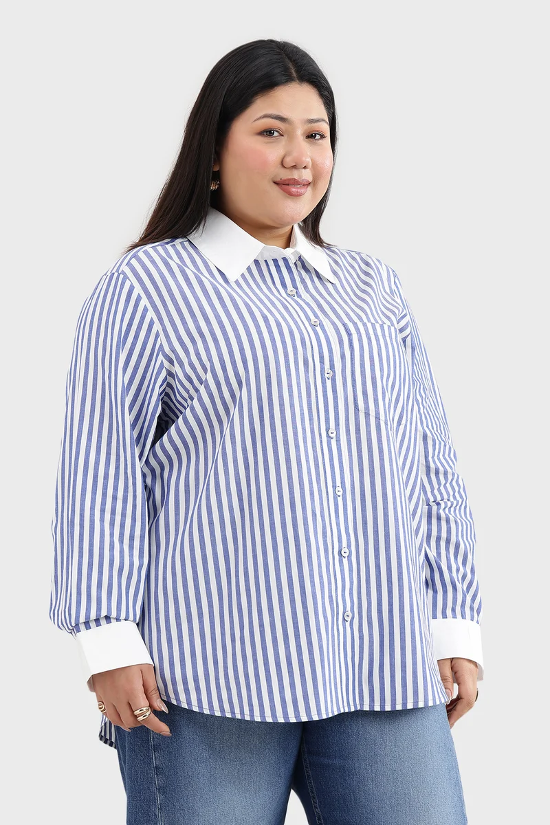 Carie|100% Cotton White Collar Stripe Shirt