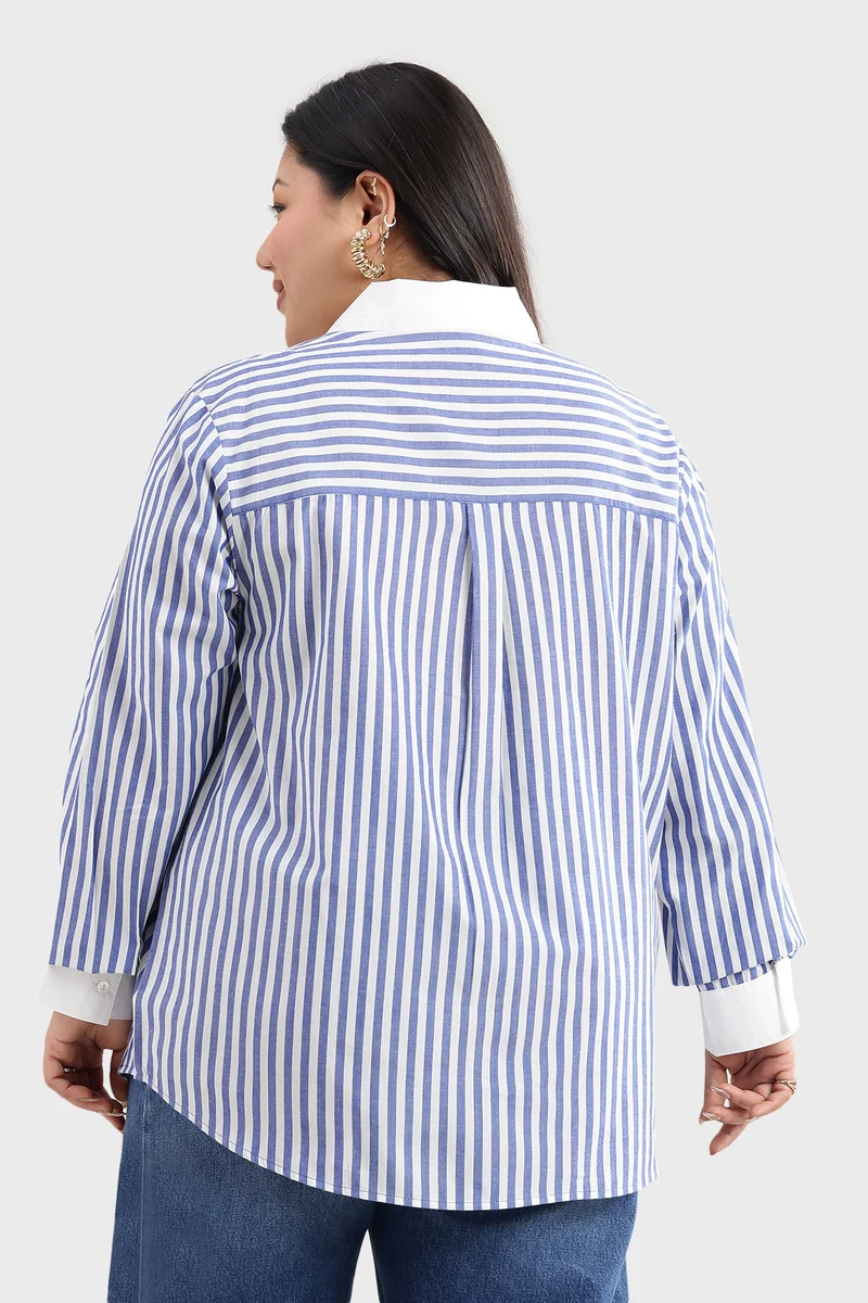 Carie|100% Cotton White Collar Stripe Shirt