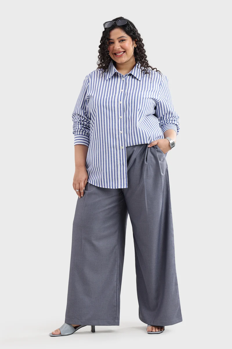 Casah|100% Cotton Blue & White Striped Shirt