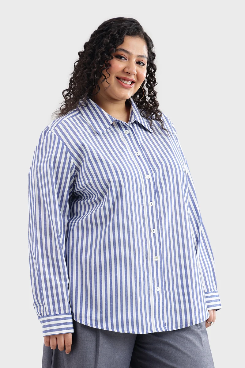 Casah|100% Cotton Blue & White Striped Shirt