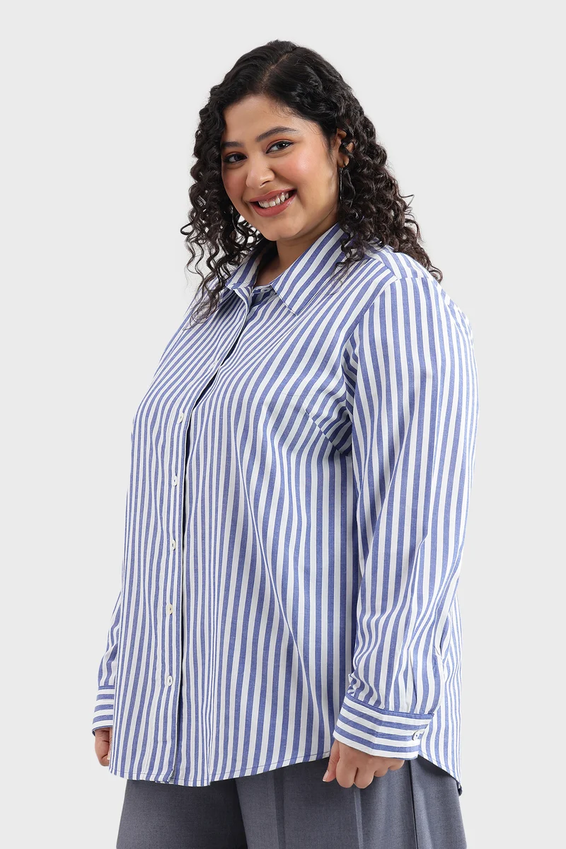 Casah|100% Cotton Blue & White Striped Shirt