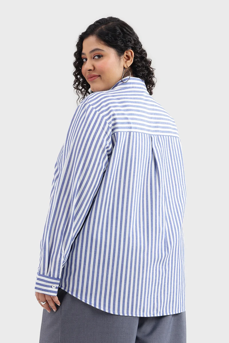 Casah|100% Cotton Blue & White Striped Shirt