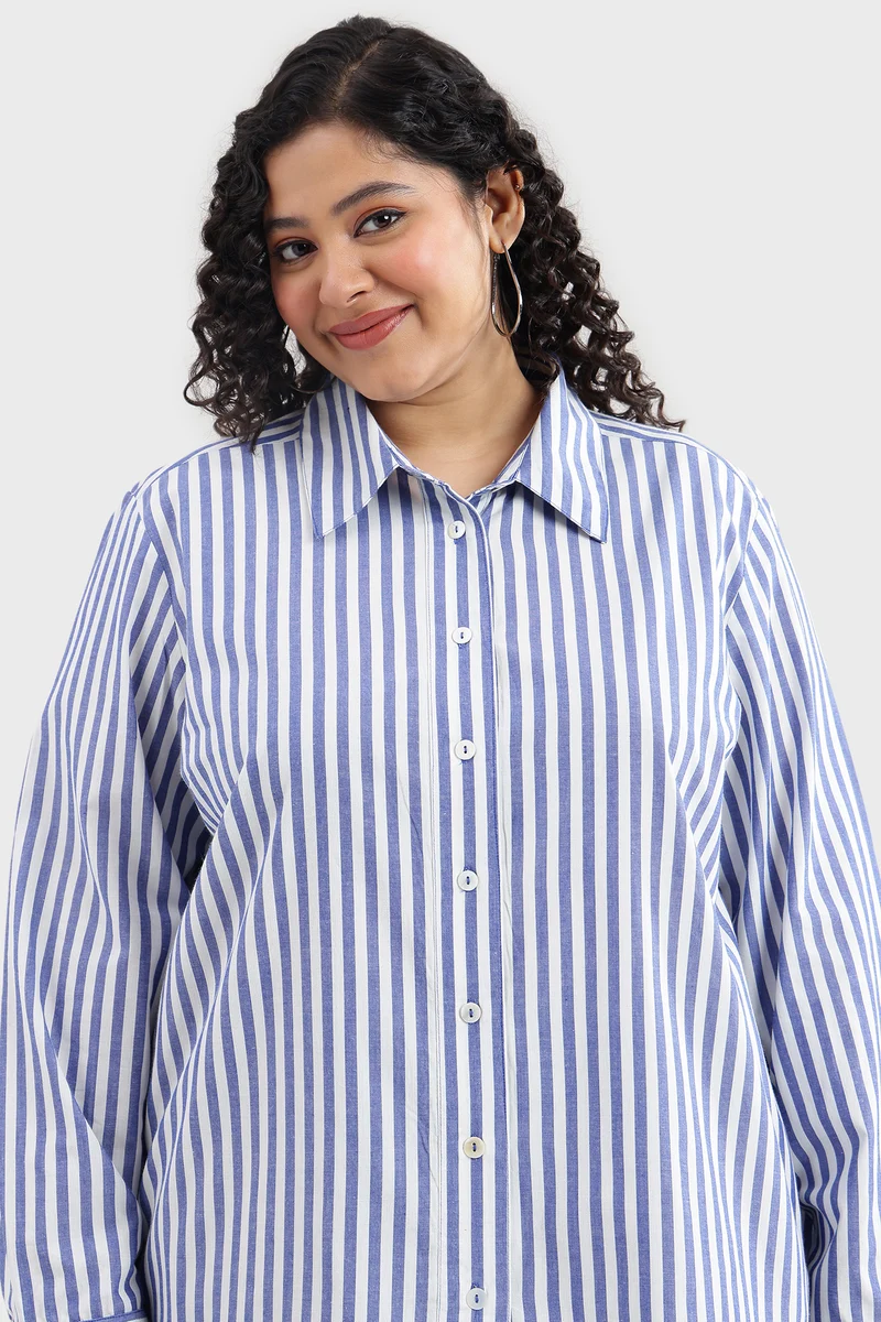 Casah|100% Cotton Blue & White Striped Shirt