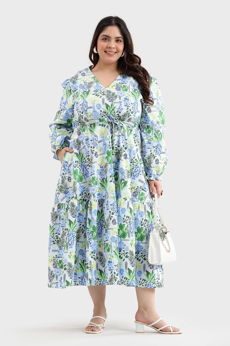 Eldel|100% Cotton Printed Waist Tie-Up Dress