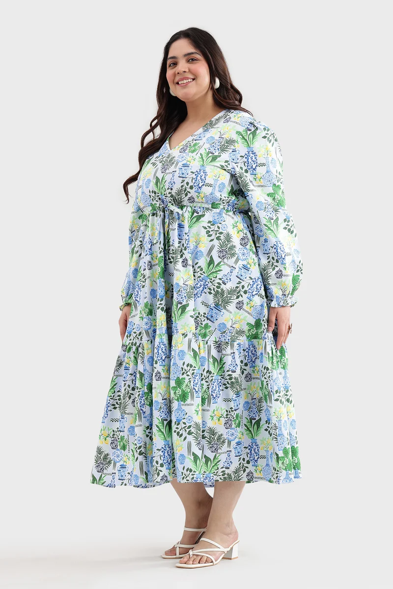 Eldel|100% Cotton Printed Waist Tie-Up Dress