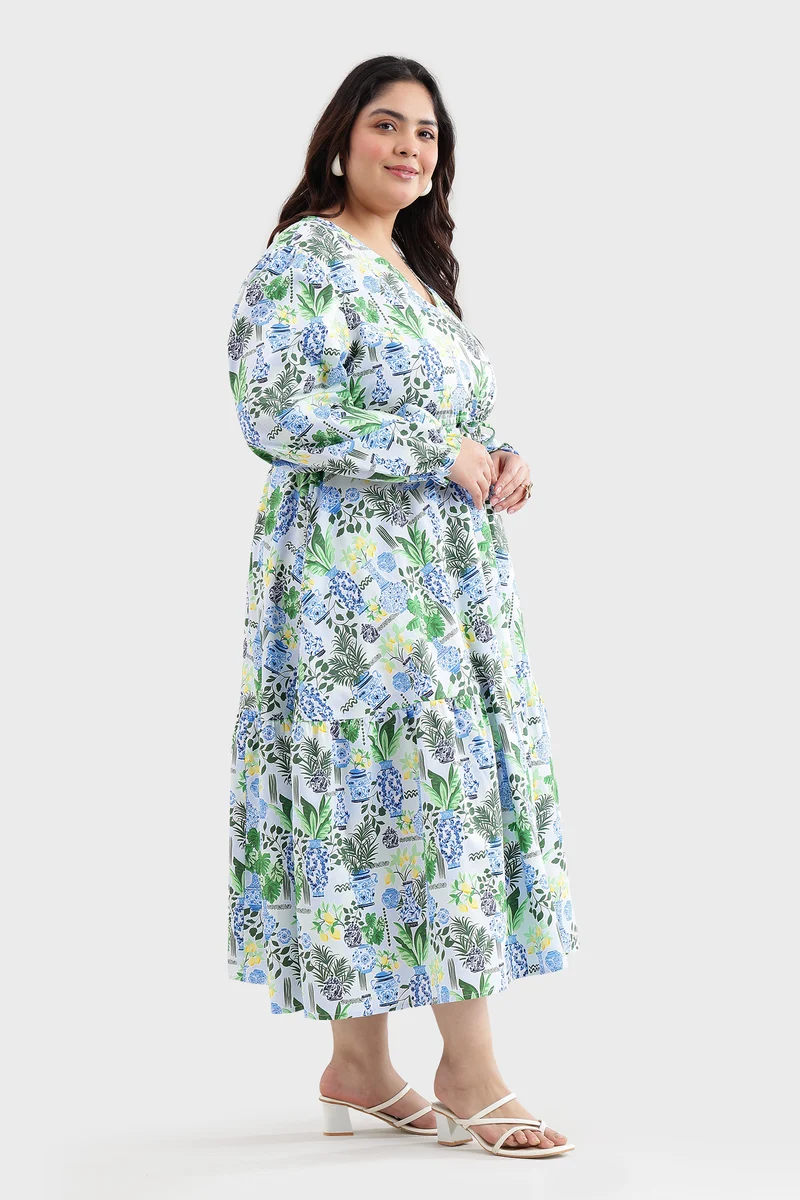 Eldel|100% Cotton Printed Waist Tie-Up Dress