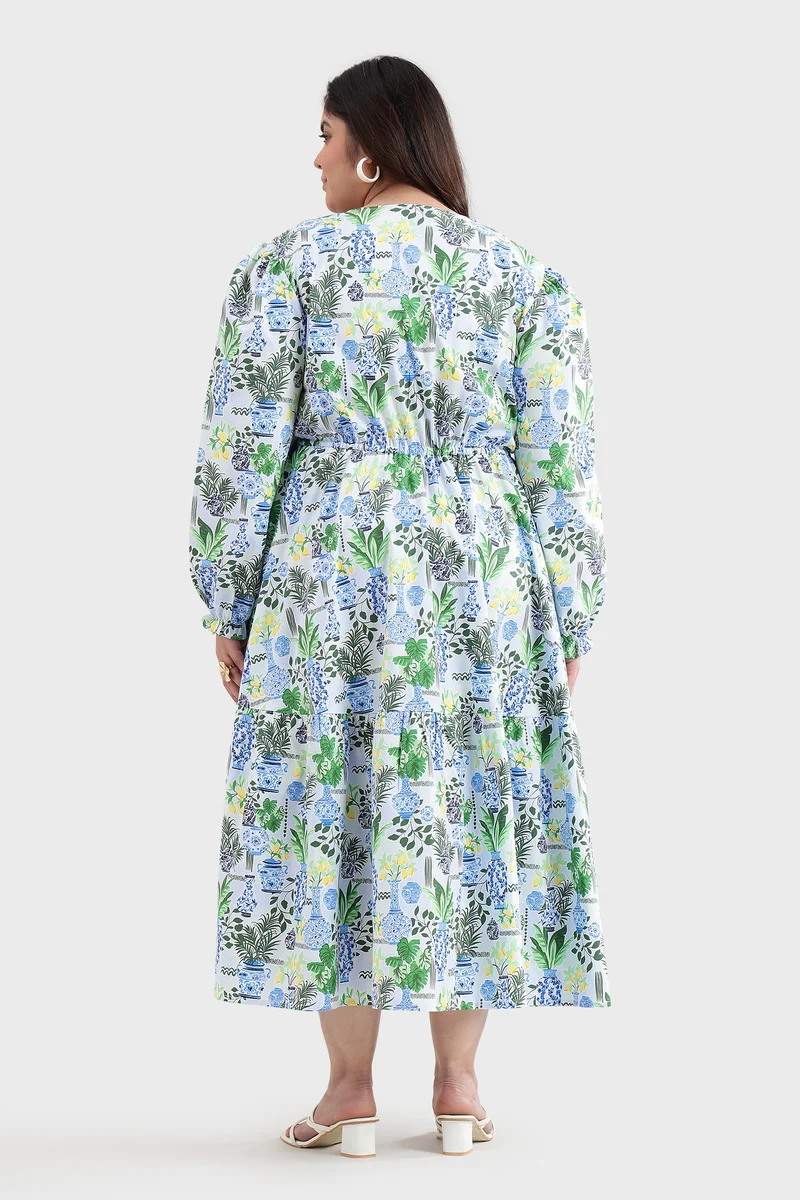 Eldel|100% Cotton Printed Waist Tie-Up Dress