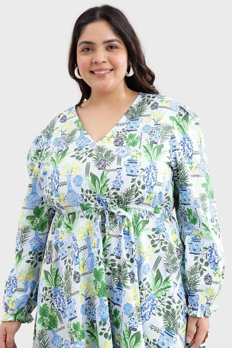 Eldel|100% Cotton Printed Waist Tie-Up Dress