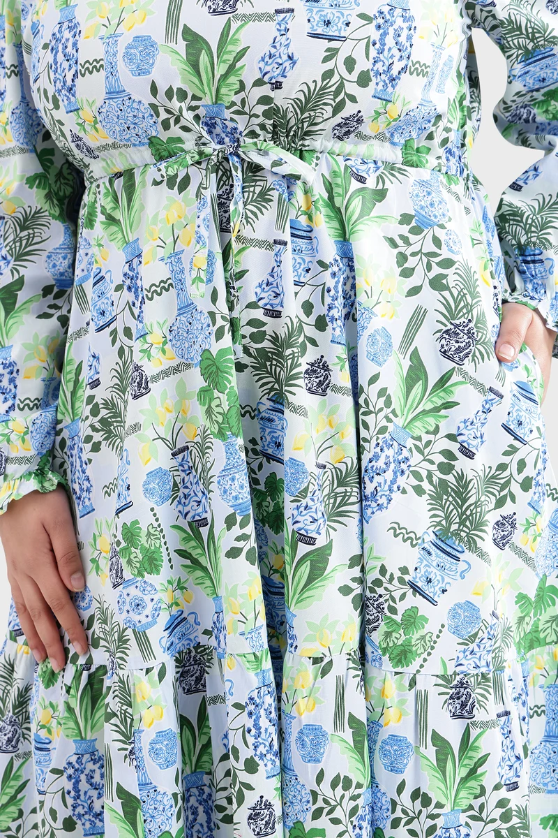 Eldel|100% Cotton Printed Waist Tie-Up Dress