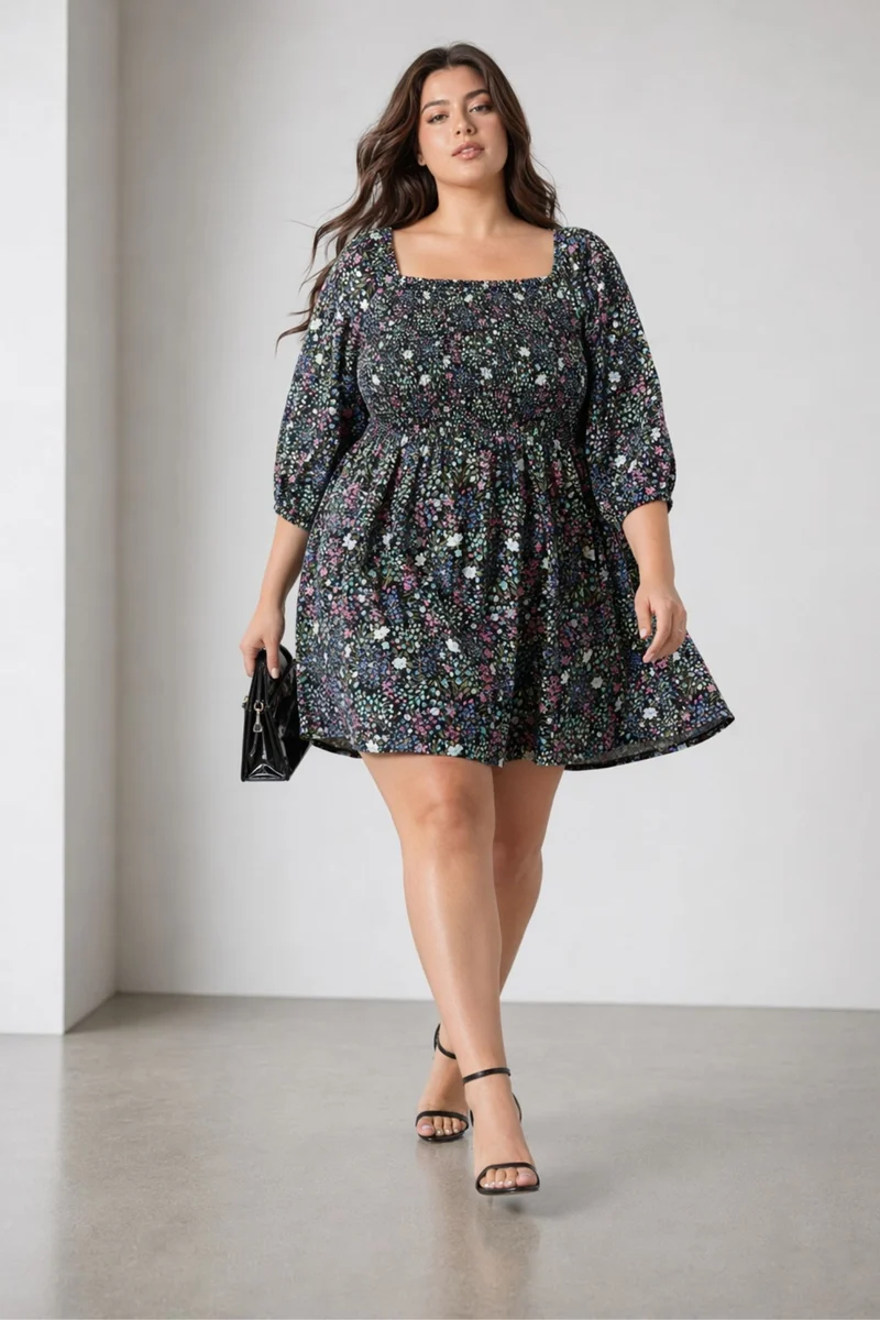 Cany|100% Viscose Printed Smocked Mini Dress