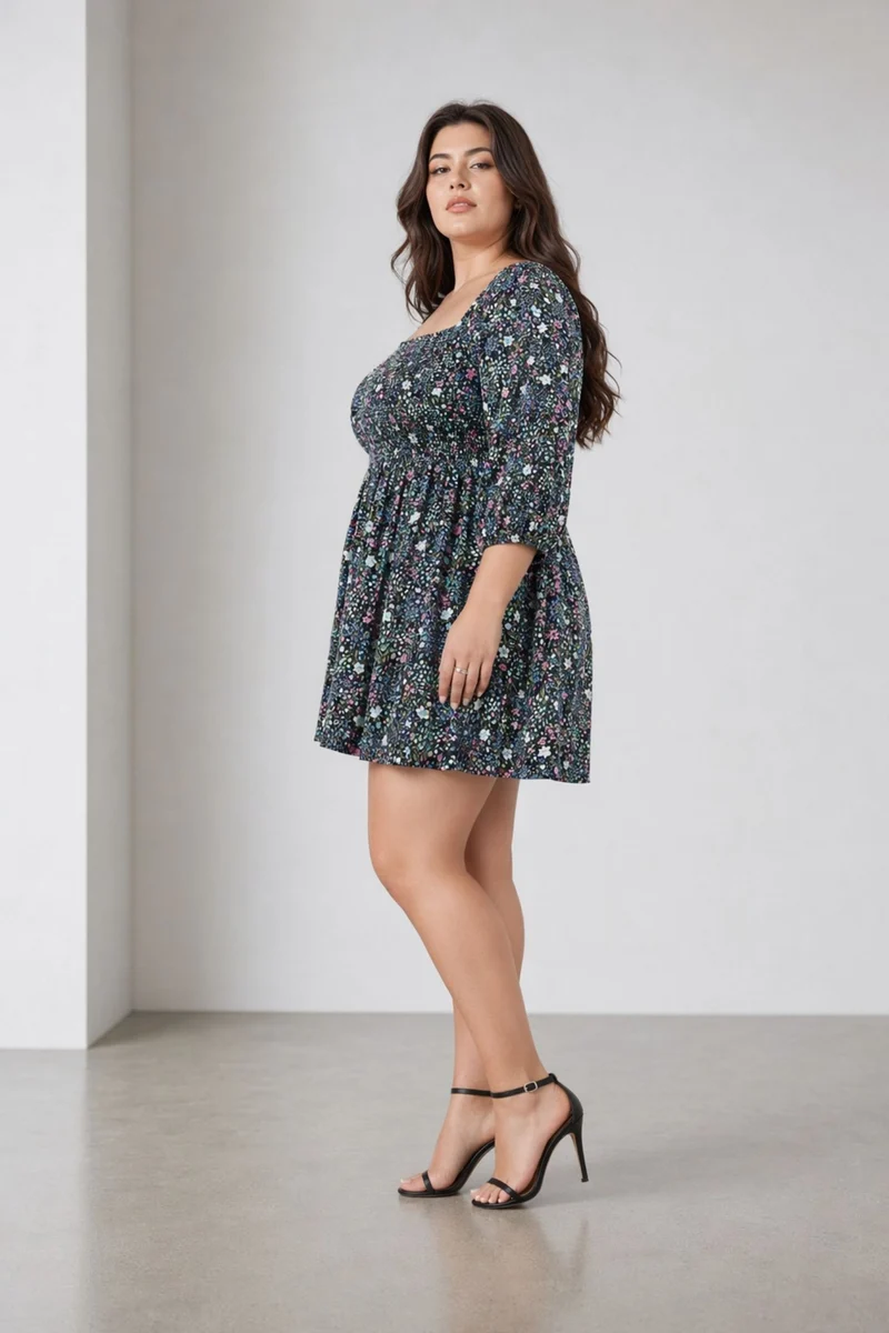 Cany|100% Viscose Printed Smocked Mini Dress
