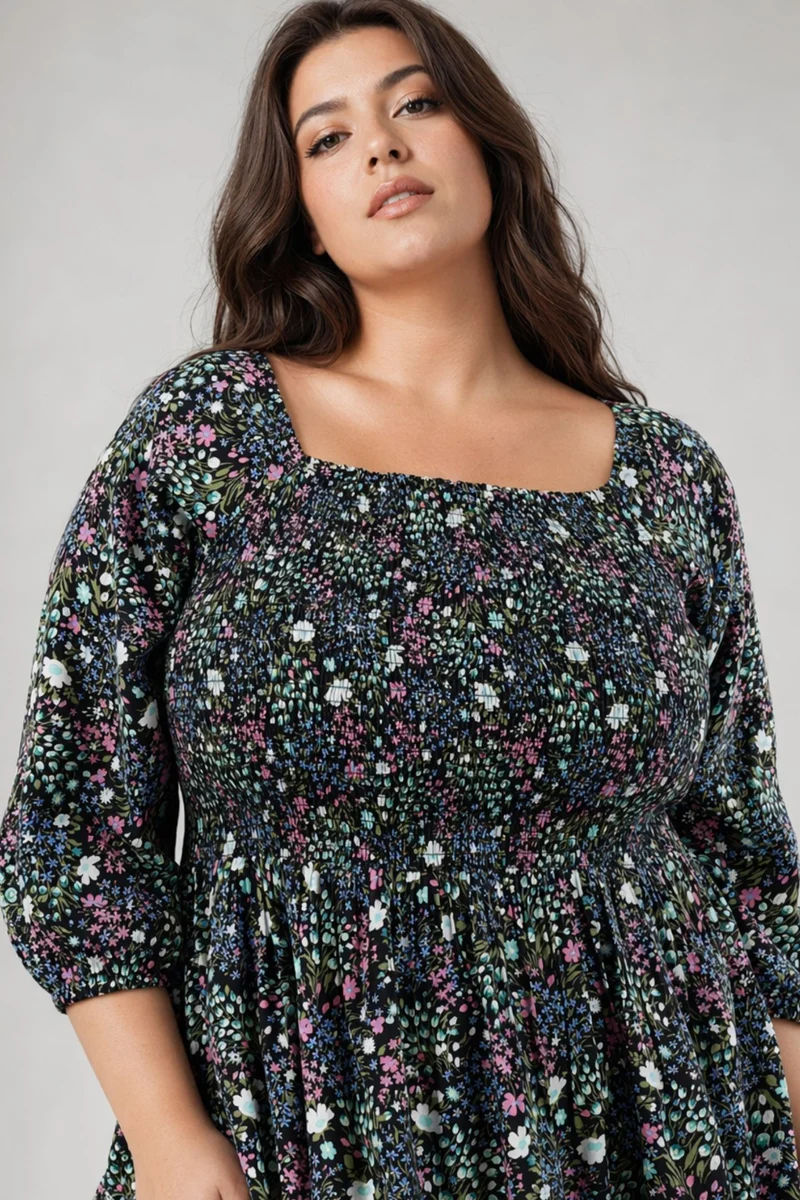 Cany|100% Viscose Printed Smocked Mini Dress