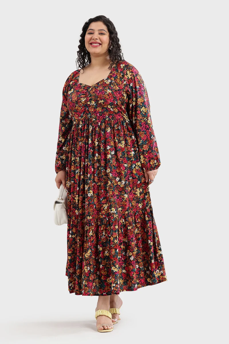 Eleah|100% Viscose Printed Ruched Tiered Dress
