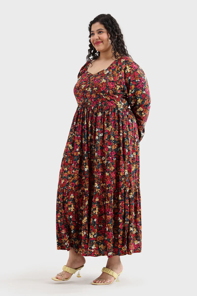 Eleah|100% Viscose Printed Ruched Tiered Dress