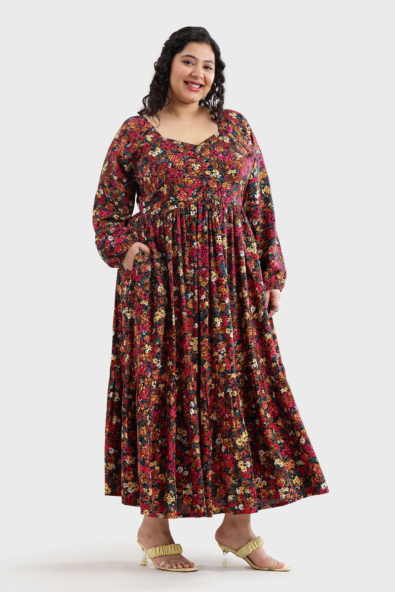 Eleah|100% Viscose Printed Ruched Tiered Dress